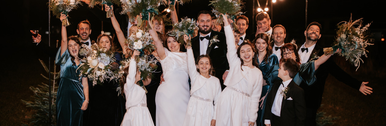 Wedding guests waving