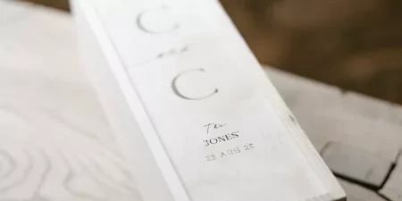 lose-up of a commemorative wooden wine box used in a modern celebrant-led ceremony.